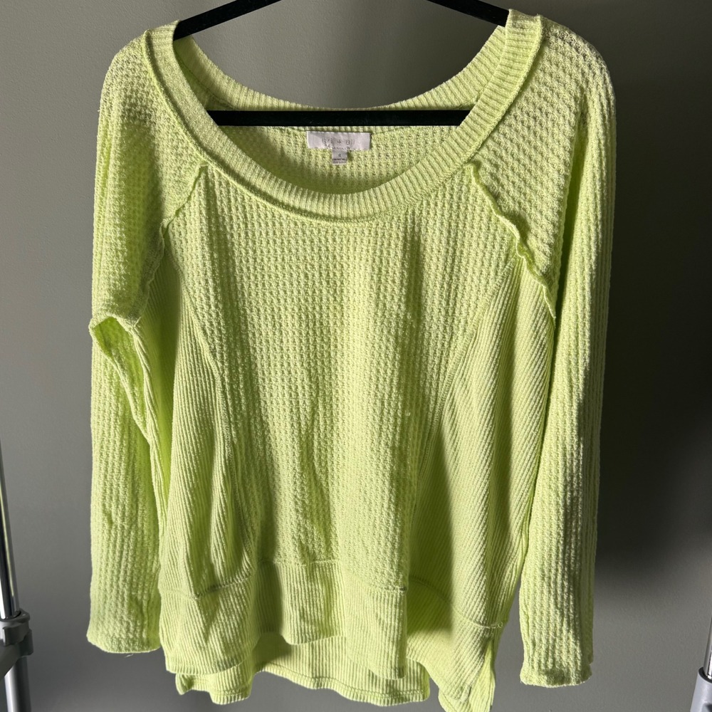 Anthropologie Eri + Ali Women's Small Waffle Knit Long Sleeve Top  Green Sweater